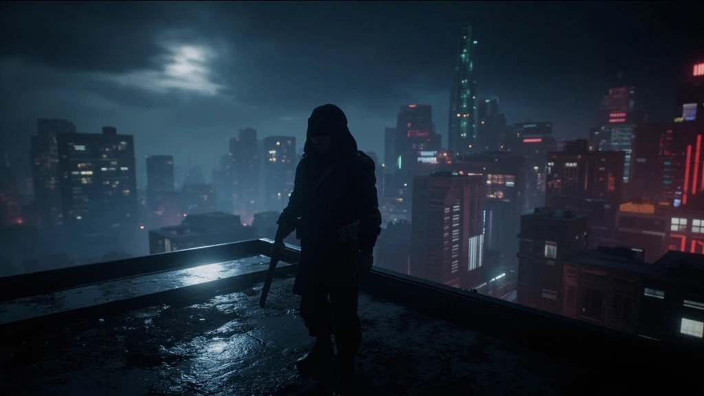 Lead review hero artwork, neon-noir rooftop scene