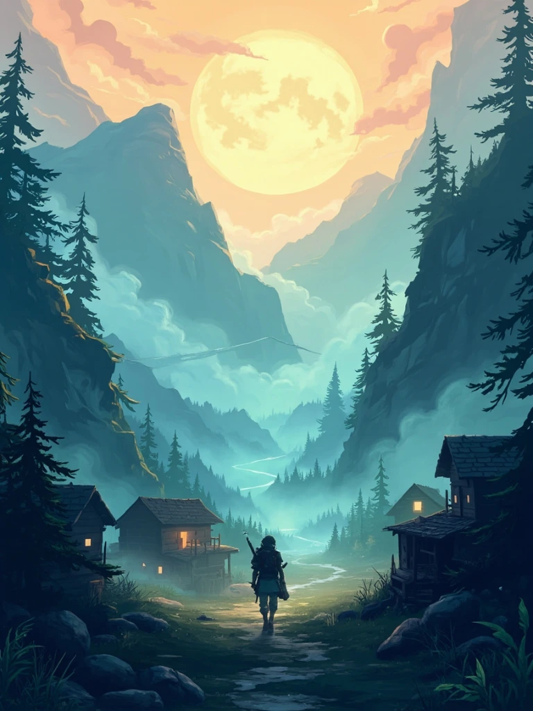 Indie Spotlight featured game artwork, misty mountain village at dawn